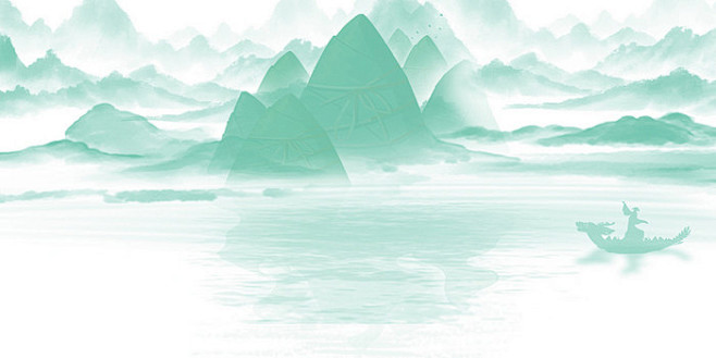 绿色古风中国山水画端午节水墨画插画背景端...