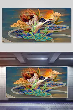 仙鹤国潮中国风插画背景素材