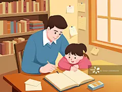 父母辅导孩子学习家庭教育扁平风插画图片素材