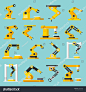 Industrial mechanical automation conveyor robotic hands for manufacture orthogonal flat isolated icons set on light blue background vector illustration，机械人，人工智能，AI，机械臂，流水线