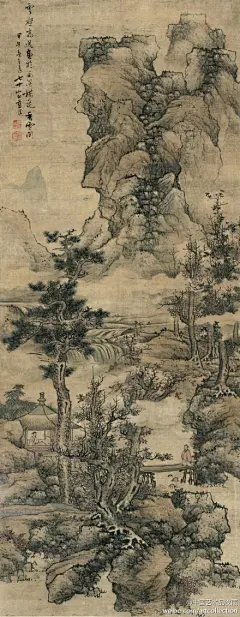 #浙派#【 明 蓝瑛 《云壑高逸图》 】轴，绢本设色，172.7×67cm，安徽省博物馆藏。 高山之麓，丘岗片片，山泉淙淙；溪流清鸣，绕贯其中；丛花簇草，竞相吐艳；桃李明艳，繁枝雍雍，像是在奏响的晚春妙曲。林深之处，溪水岸旁，一白衫红裤的老者，在茅亭内候客。亭外木桥上，有一红衣老者，向茅亭走来。
