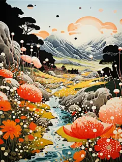 富有想象力的奇幻风景插画海报金黄色蘑菇