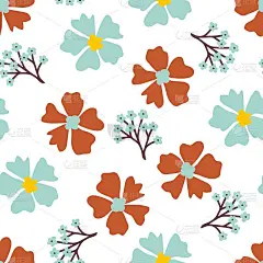 简单的花平静温柔矢量无缝图案。褐色，浅蓝色的花，树枝在白色的背景。用于织物、纺织产品、服装、床上用品
