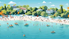 山海边游泳的人物树木素材