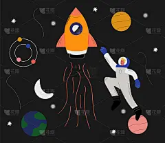 太空人与太空人的矢量创意模板。平面线条艺术风格设计为人类太空飞行贺卡、横幅、可爱设计