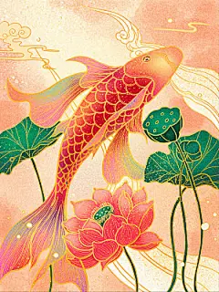 手绘国潮中国风锦鲤跃龙门插画海报