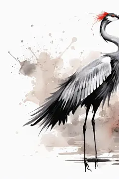 AI数字艺术中国风水墨仙鹤丹顶鹤手绘插画