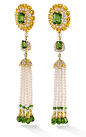 Ganjam's earrings from their Nizam Collection. With green tourmalines, yellow sapphires, pearls, and diamonds set in yellow gold.
