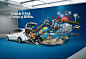 Toyota Prius V : 3 visuals where an explosion of objects and people coming out from the car´s trunk describe the feautures of the new Toyota Prius V