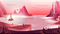 Dawns, days, dusks & nights on the lake : I was asked to design a landscape scene for a background of a login screen. The landscape has 16 varieties, 4 times of day for 4 seasons.The idea is to use geotags to pinpoint the location of the user, and the