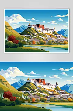 AI数字艺术国内城市西藏旅游景点风景插画