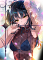 1girl absurdres ahoge arm_up armpits arutera banned_artist bare_arms bare_shoulders black_bra black_hair blurry blush bra breasts brown_shirt depth_of_field front-tie_top hair_ornament hairclip halterneck highres long_hair looking_at_viewer medium_breasts