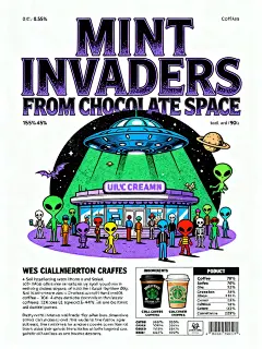 创作奇幻复古风格咖啡主题海报，以绿、紫、黑为主色调，呈现 UFO 入侵冰淇淋店场景（占画面约 50% 空间，聚焦核心视觉区，垂直 15% - 85%、水平 10% - 90% ），巨型艺术字体“MINT INVADERS FROM CHOCOLATE SPACE”（占画面 30% 空间，位于中上部打造视觉锚点，垂直 10% - 40%、水平 10% - 90% ，具粗体奇幻质感，绿紫色调 ），辅助元素（外星人、骷髅、人群等趣味角色，占画面 15% 空间，分布场景强化故事 ），活动/产品信息（占画面 5% 
