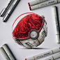 Pokemon Bulbasaur trapped in a 80's vintage pokeball, Tino Valentin : Copic markers illustration of the Pokemon Bulbasaur trapped in a 80's vintage pokeball