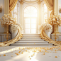 a room with a bunch of flowers and a staircase leading to a window with a gold curtain and a white carpet, Beeple, rendered in unreal engine 5, a 3D render, rococo the gold stairway looks glamorous and elegant above the wedding flowers, in the style of 3d