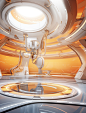 a room inside a futuristic technology studio, in the style of light silver and light orange, editorial illustrations, intricate ceiling designs, xbox 360 graphics, light amber and gold, gravity-defying architecture, ue5