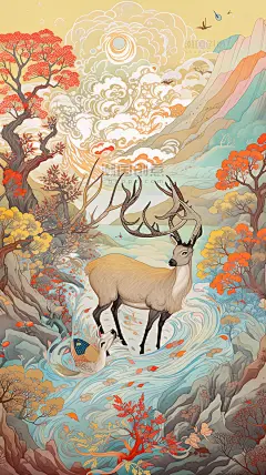 国潮风白鹿祥云鸟类远山中国风格色彩丰富插画浮世绘