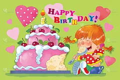 一个可爱的女孩在吃她的生日蛋糕。生日贺卡。儿童插图