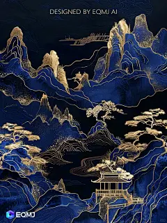 大美国风丨EQMJ AI绘制黑金克莱因蓝山水画 - 小红书