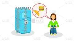 抽象扁平的女人瘦女孩在冰箱旁边的链子限制自己的食物卡通人物角色概念插图矢量设计风格缺乏体重厌食症