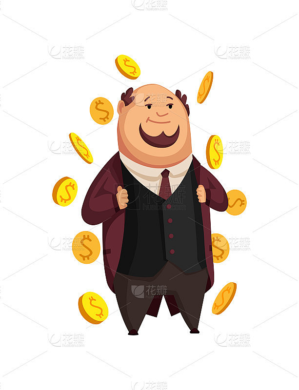 向量卡通富人。一个穿着西装，背景是白色的滑稽胖子资本家的形象。商业、金融、资金