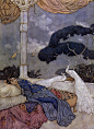Edmund Dulac——生在法国，魂死东方
　　 这是个以为童话，传奇配图出名的法国插画家，作品带有浓厚的东方情调，从阿拉伯世界一直飞跃到古老的中国。他也画欧洲故事，用色深沉，线条慵懒，总有一种中世纪黑暗的甜蜜气氛。