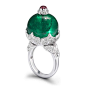 Theo Fennell emerald ring in white gold, set with a 38.70ct Gemfields emerald bead surrounded by pavé diamonds and topped with a ruby.