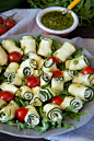 Zucchini Rolls Stuffed with Ricotta & Pesto Sauce