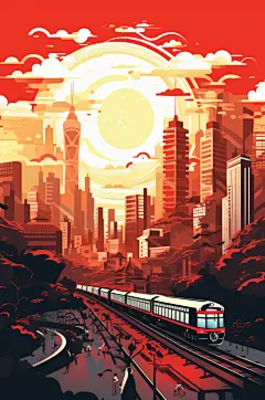 AI数字艺术春运火车城市渐变剪影建筑插画