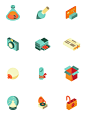 Isometric icons : True to my name, I am a multi-faceted series. Each of my icons has width, depth, and height. Teal flesh tones give me a zombie-eque, creepy feel. To [cast] includes a severed leg.