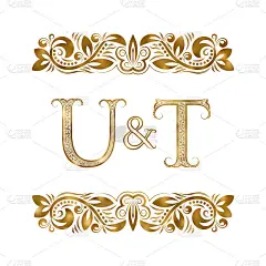 U和T复古的首字母符号。字母周围有装饰元素。皇室风格的婚礼或商业伙伴的字母组合。