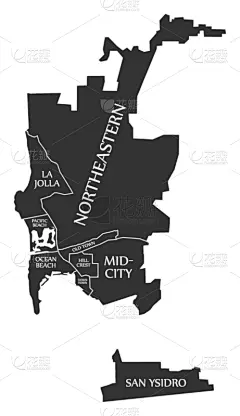圣地亚哥,贴标签,美国,黑色,街道图,现代,城市,办公室,剪影