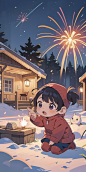 01924-299471809-(1child,play inside the yard),outdoor,Winter,night,fireworks,lights,Illustrator,fireworks,toddler,