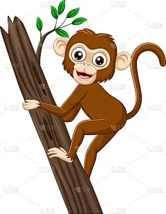 卡通小猴子爬树枝的矢量图