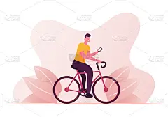 男性角色手拿智能手机骑自行车，使用免费网络App，用手机App和Gps导航在城市中定位。健康生活，智