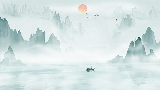 蓝色水墨山水背景写意中国风山水画插画视频...