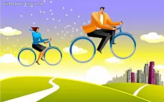 骑自车行放松的商务男女PSD插画PSD分层素材|草地|卡通插画|卡通人物|漫画人物|商务美女|商务男人|商业插画|小路|自行车