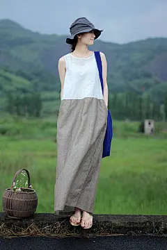 壹旧原著夏季薄款上白下绿拼接撞色棉麻无袖背心连衣裙棉麻袍子
