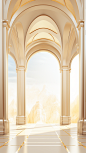 beautiful golden architecture building room interior illustration, in the style of arched doorways, opaque resin panels, 32k uhd, light yellow and light white, combining natural and man-made elements, art deco designer, rim light