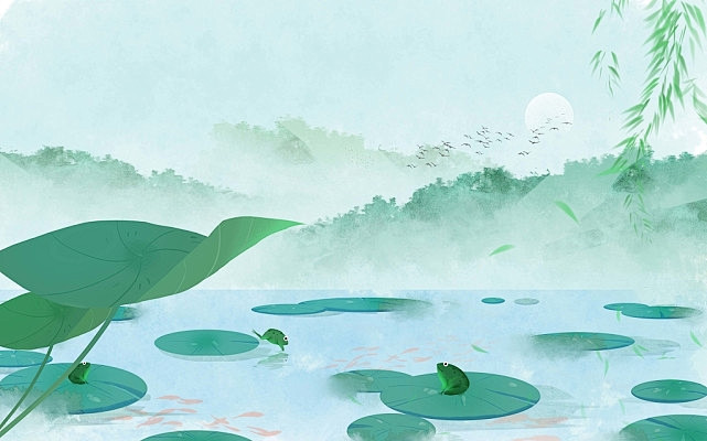 水墨夏天池塘惊蛰原创插画素材
