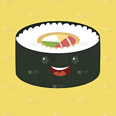 有趣的寿司矢量卡通人物。可爱的寿司卷。日本食品