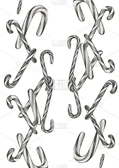 黑白手绘铅笔插图。一串拐杖糖
