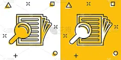 检查文件计划图标漫画风格。复习语句向量卡通插图象形图。文件用放大镜放大镜商业概念飞溅效果。