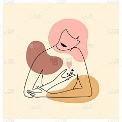 矢量极简主义的妇女画像手握心脏。简约的线性风格的女性轮廓。自我，身体护理，爱情海报。色彩抽象造型、现