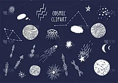 矢量组手绘宇宙元素:行星，月亮，彗星，恒星，星座。手绘涂鸦风格。