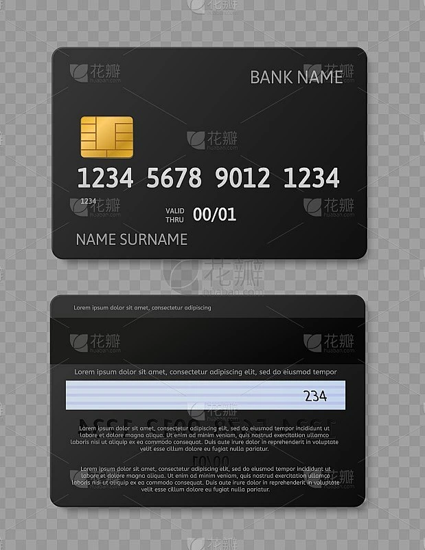 黑色的信用卡。现实的信用卡借记卡芯片，正面和背面的银行交易矢量模板模型素材-花瓣网