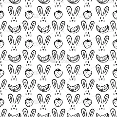 可爱的兔子和水果无缝图案。手绘涂鸦兔子，西瓜，草莓。儿童动物背景。婴儿壁纸