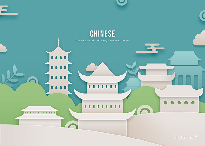 传统建筑 中国绿色 剪纸风 插画 古楼 ...