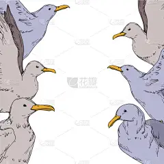 病媒天鸟海鸥隔离。 黑白版画水墨艺术. 框框边框装饰广场.