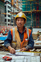 看施工图纸的工地施工人物肖像摄影图片